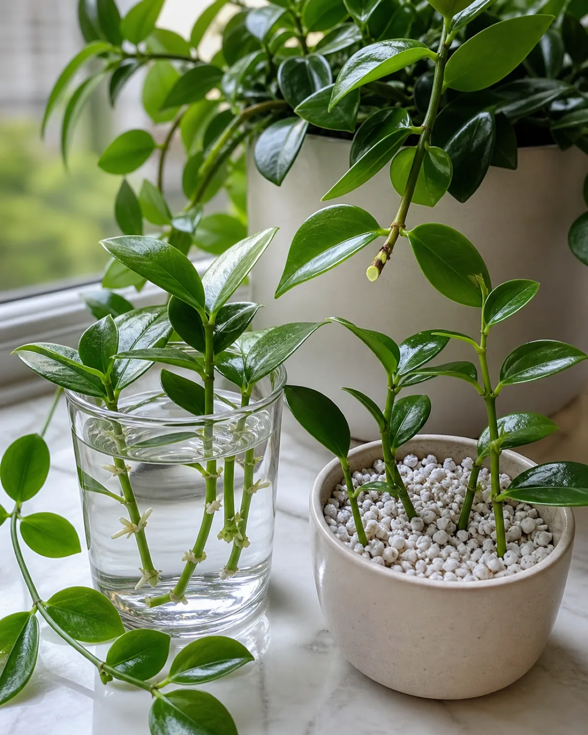 Several fresh lipstick plant stem cuttings four to six inches long with lower leaves removed some placed in a small clear glass of water showing white root nubs forming at the submerged nodes others inserted into a small pot of moist perlite the mother plant visible in the background with a fresh pruning cut a bright windowsill setting natural light propagation tutorial style