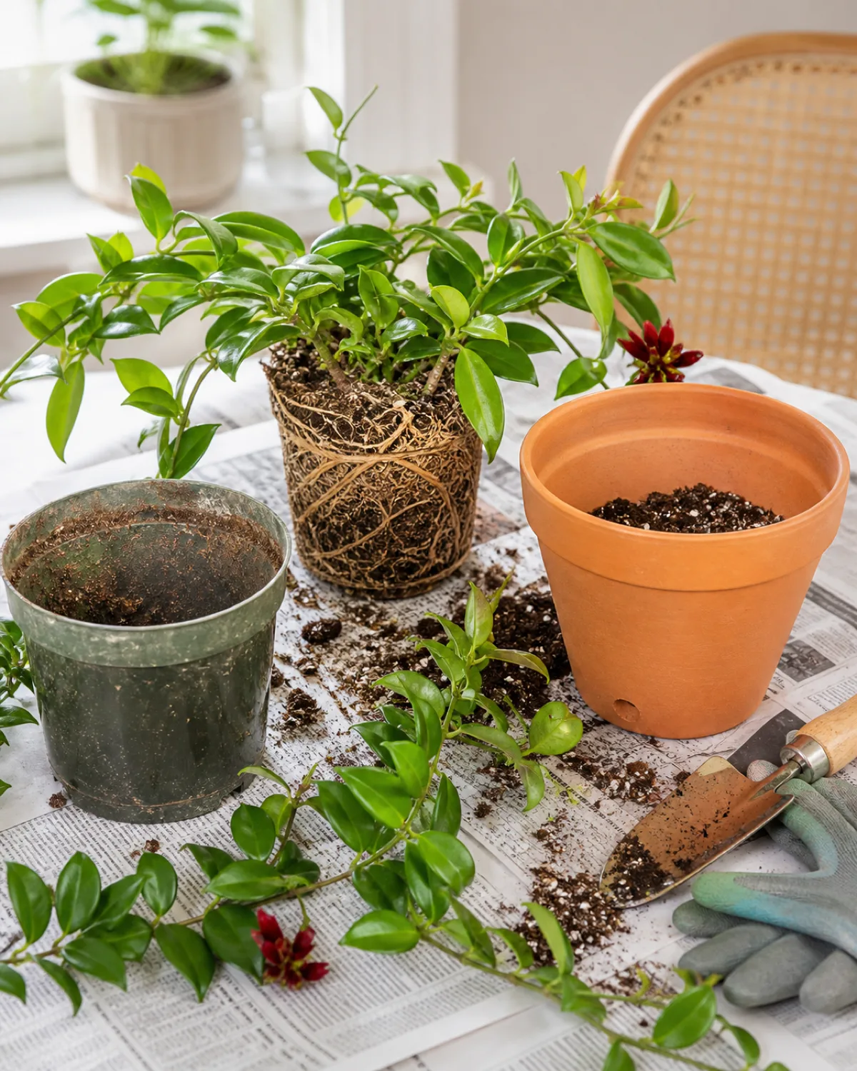 A lipstick plant being repotted shown removed from its old pot revealing a dense rootball with roots circling the pot shape a slightly larger new terracotta pot with drainage holes waiting nearby with fresh chunky soil mix inside the trailing stems laid gently on a newspaper-covered table gardening gloves and a small trowel natural light repotting tutorial style