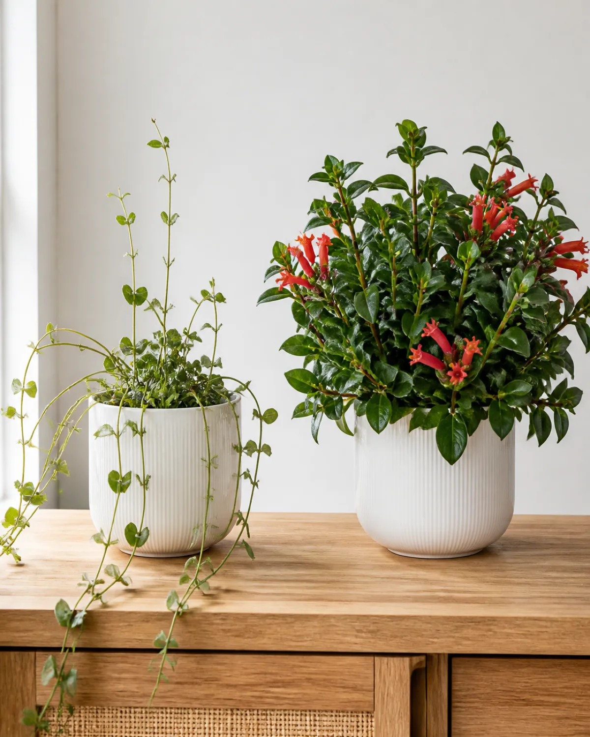 A side-by-side comparison of two lipstick plants one looking sparse and leggy with long bare stems small pale leaves and no flowers showing signs of insufficient light left side and one lush and compact with dense foliage multiple branching points and red flowers showing healthy well-lit growth right side both in similar white pots on a wooden surface clear visual contrast bright natural light