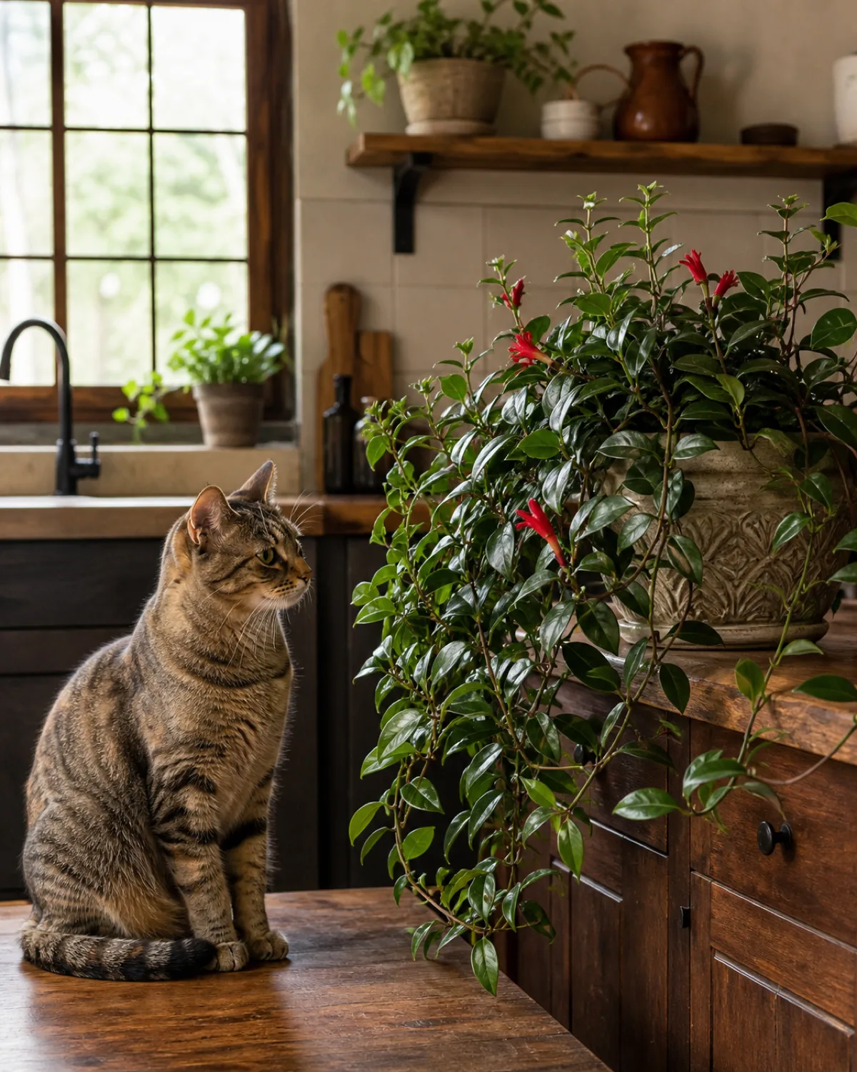 A healthy lipstick plant in a decorative pot on a kitchen counter next to a curious cat sitting nearby and looking at the trailing plant demonstrating the pet-safe nature of the plant non-toxic to cats the plant showing lush growth with a few red flowers warm homey kitchen environment with natural light cozy lifestyle photography