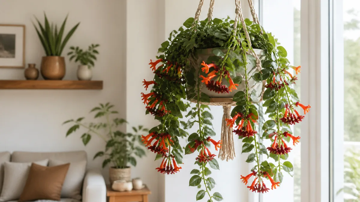 A mature lipstick plant Aeschynanthus radicans cascading from a hanging macrame planter near a bright window with deep green waxy leaves trailing down and clusters of vibrant red tubular flowers emerging from dark maroon calyces in a modern minimalist living room with white walls and a wooden shelf