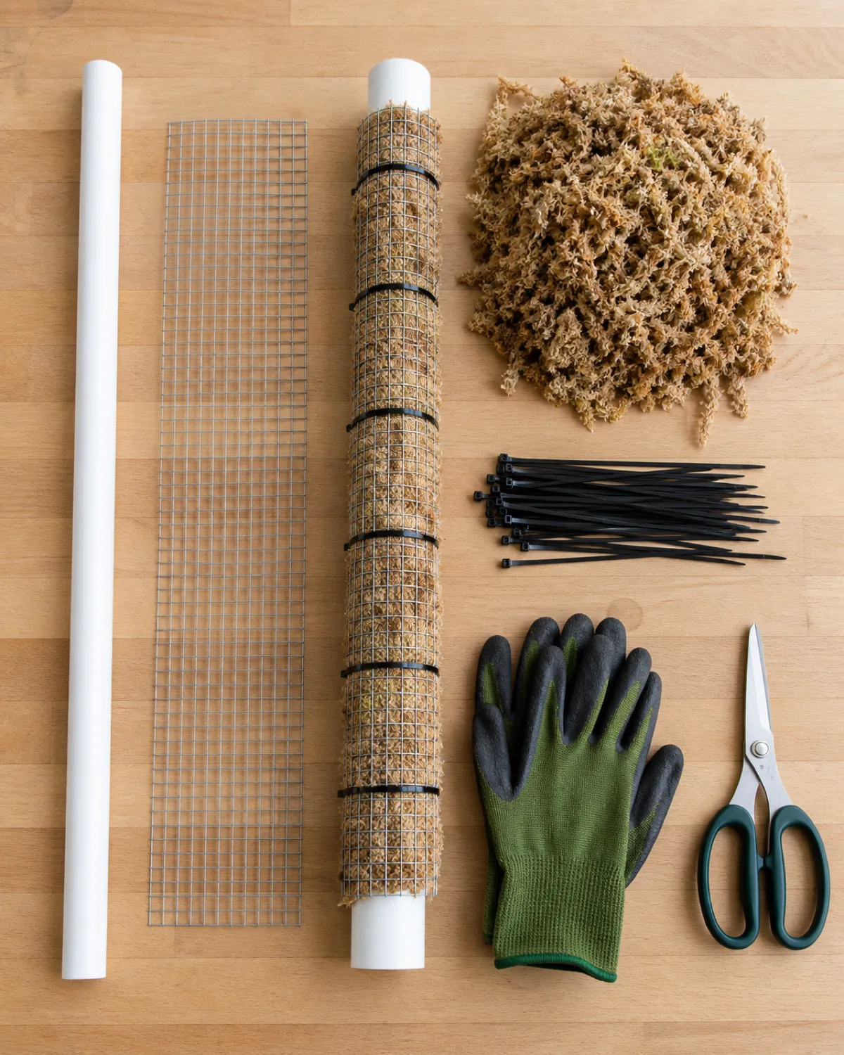 A flat-lay of DIY moss pole materials on a craft table a length of PVC pipe a rectangle of hardware cloth metal mesh a pile of dampened sphagnum moss zip ties garden scissors and work gloves all arranged neatly with a partially assembled moss pole showing the wrapping technique overhead natural light step-by-step craft style