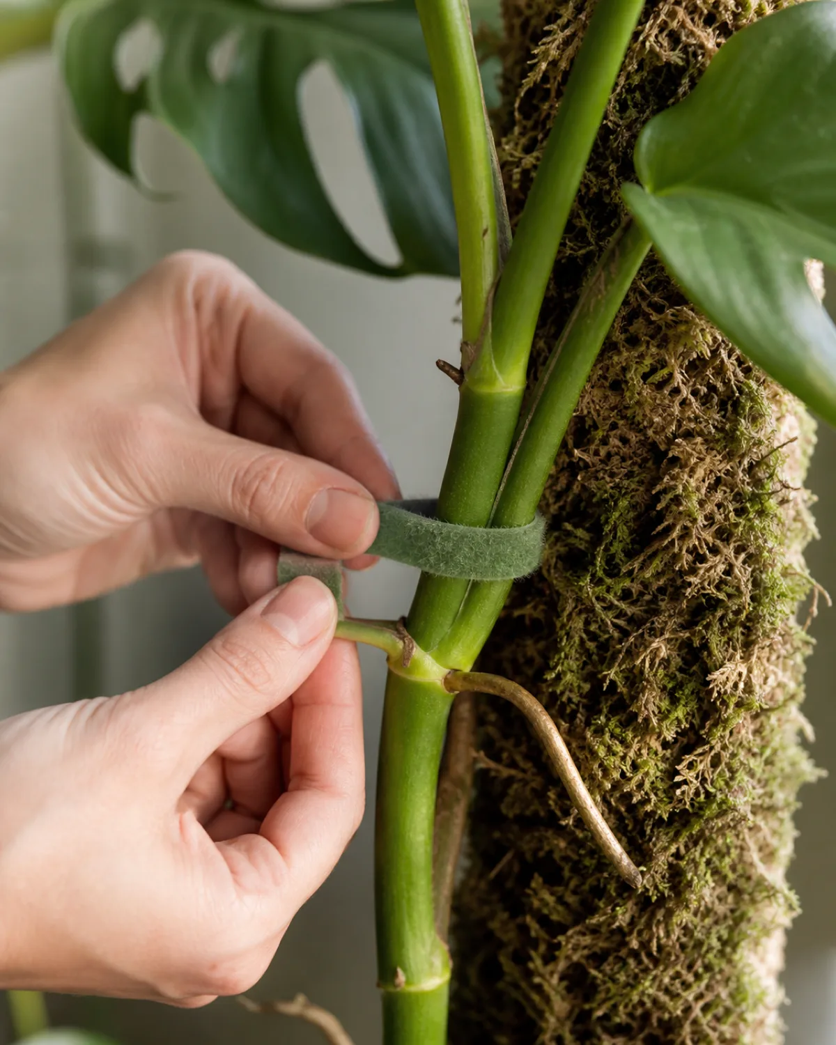 Close-up of a person hands gently tying a Monstera stem to a moss pole using soft green velcro plant ties showing the loose loop technique around the stem at a node with an aerial root pointing toward the moss the stem not compressed leaves visible above soft natural side light instructional style