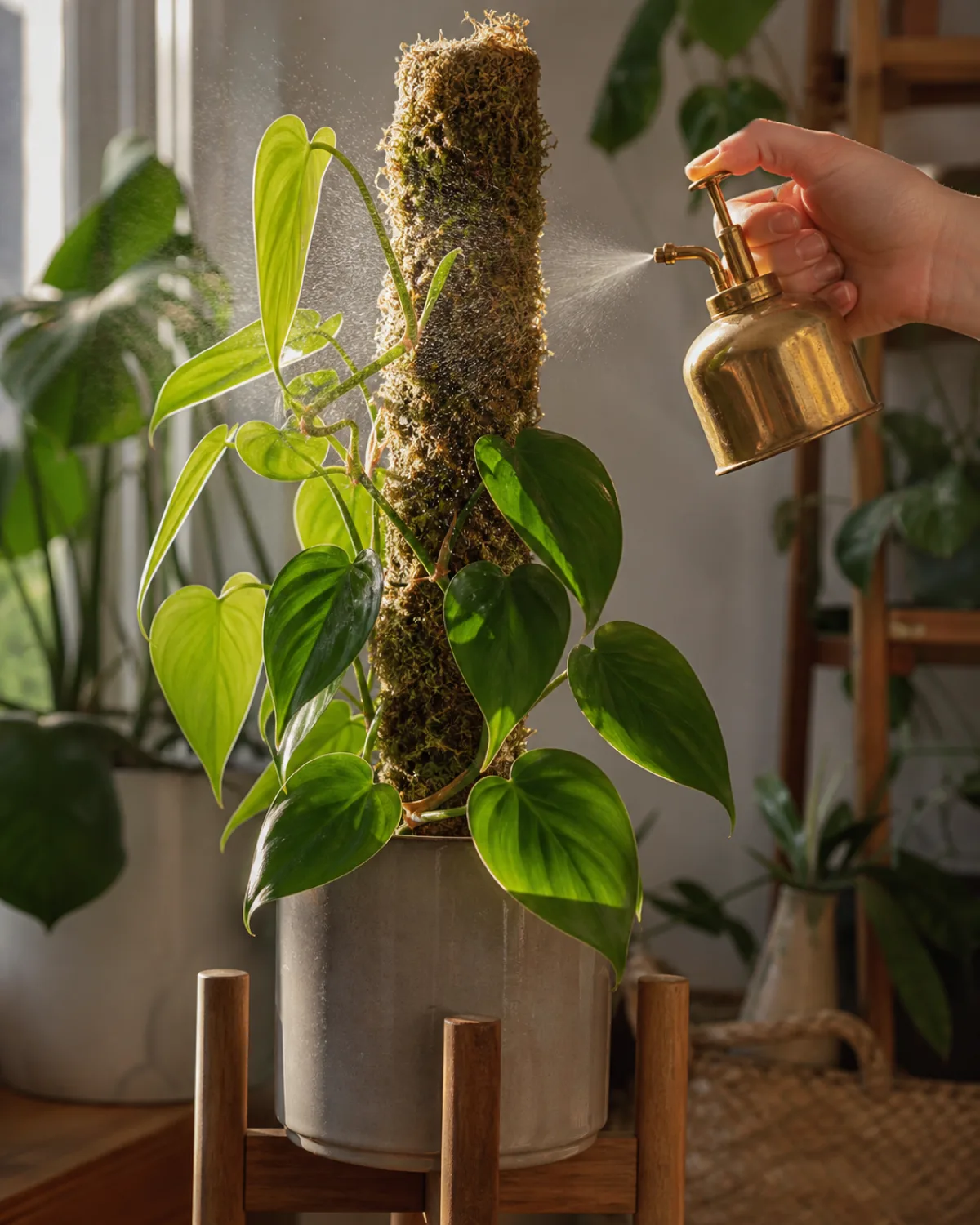 A hand spraying water from a brass mister onto a sphagnum moss pole water droplets glistening on the moss fibers with a Philodendron climbing the pole showing healthy leaves the pot sitting on a wooden plant stand morning light catching the mist spray fresh and dewy atmosphere