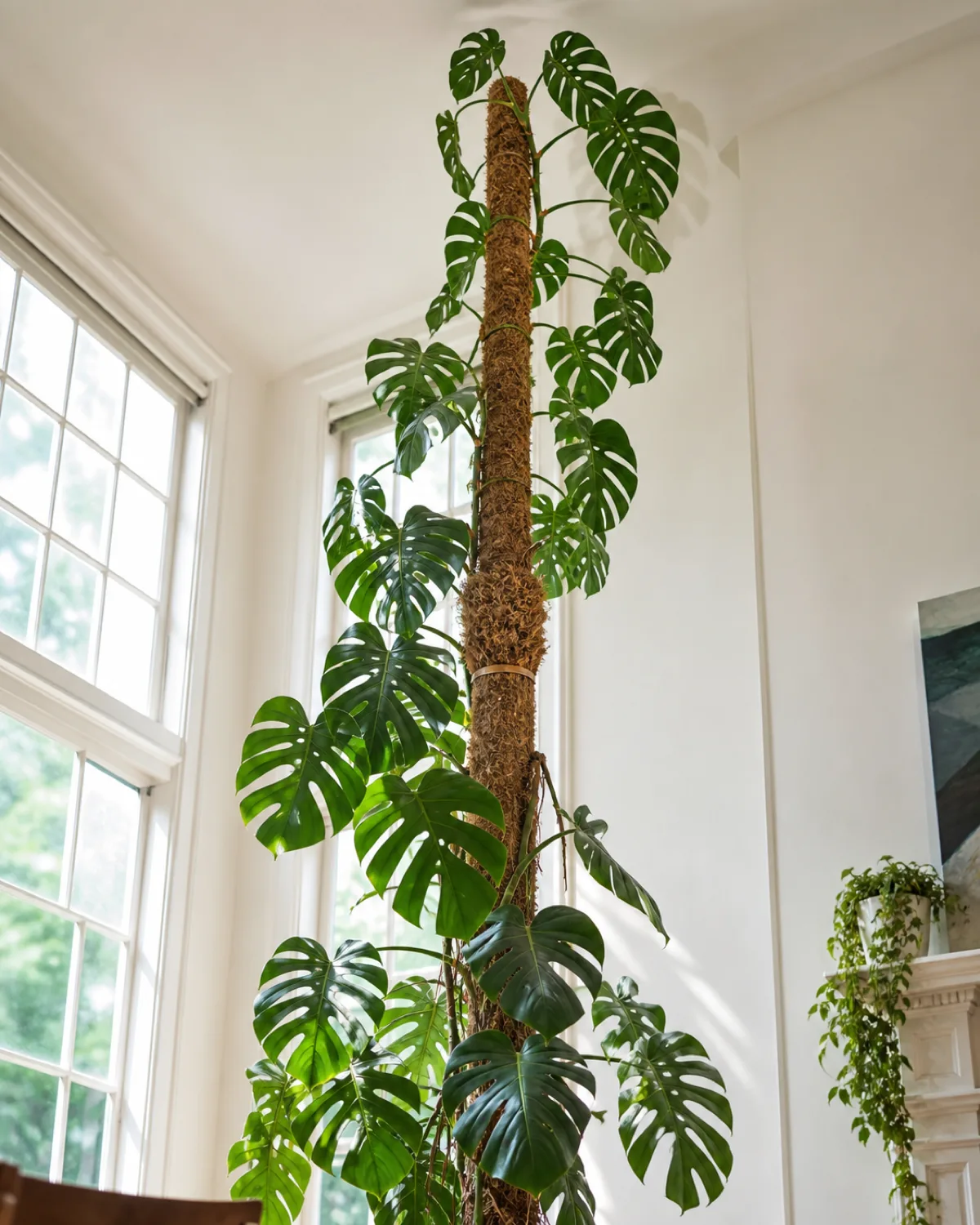 A tall Monstera deliciosa that has outgrown its first moss pole with a second moss pole being inserted and connected at the top of the first showing the junction point where sphagnum moss bridges the two poles the plant reaching toward the ceiling in a bright room with high windows showing the impressive height achieved with stacked support