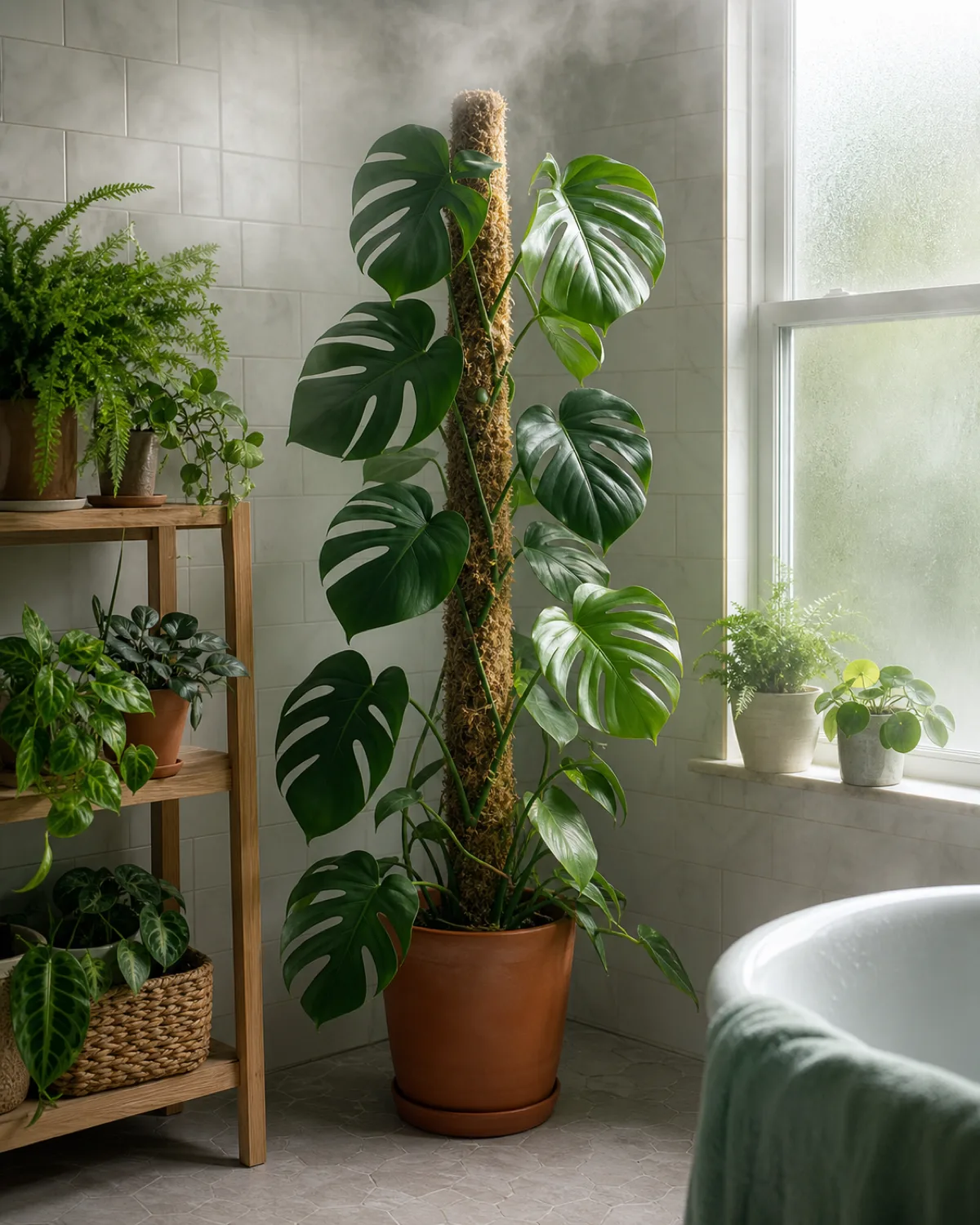 A beautifully maintained moss pole setup in a bright bathroom corner a healthy Monstera climbing a tall moss pole in a terracotta pot on the floor surrounded by other houseplants on a wooden shelf steam visible in the air from shower humidity natural light from a frosted window showing an ideal high-humidity environment for moss pole growing