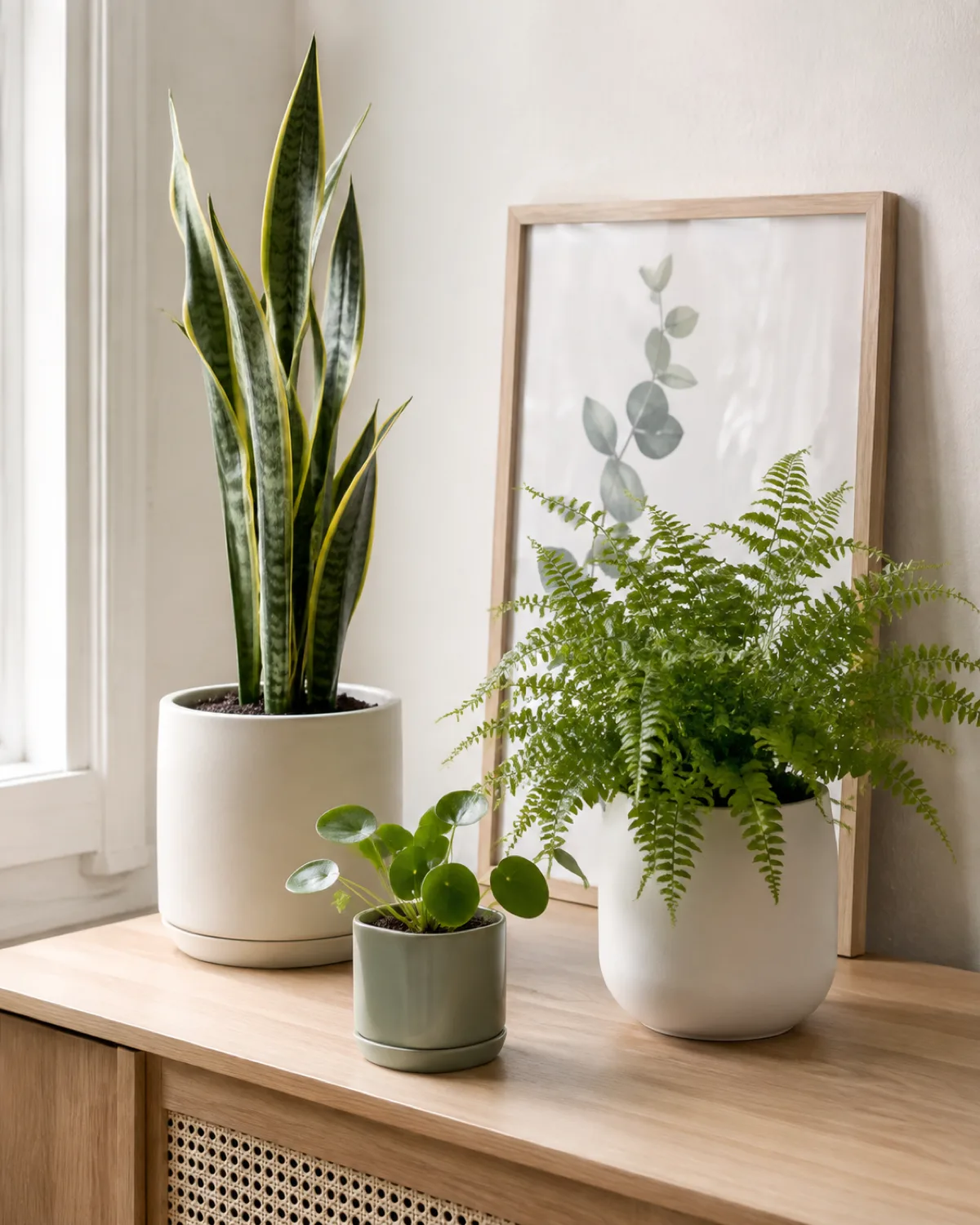 A clean styled corner of a bright room showing three houseplants in coordinated matte white and sage ceramic pots arranged in an asymmetric triangle on a light wooden console table with generous negative space between them one tall snake plant one medium fern and one small pilea with a framed botanical print leaning against the wall