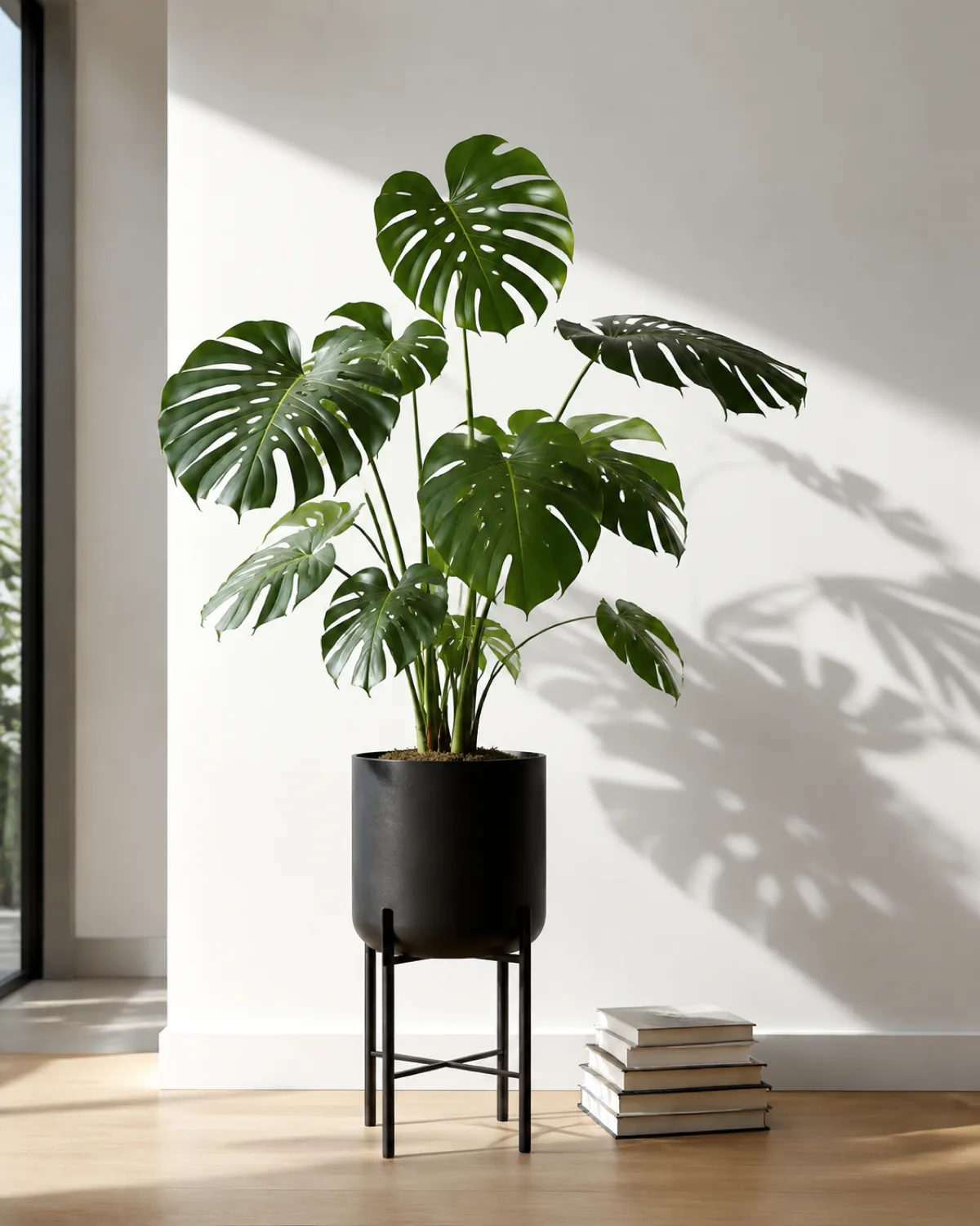 A single large monstera deliciosa in a simple matte black ceramic pot on a sleek plant stand against a clean white wall with a small stack of books beside it sparse decor emphasizing the sculptural quality of the plant plenty of negative white space modern apartment natural sidelight creating a crisp leaf shadow on the wall