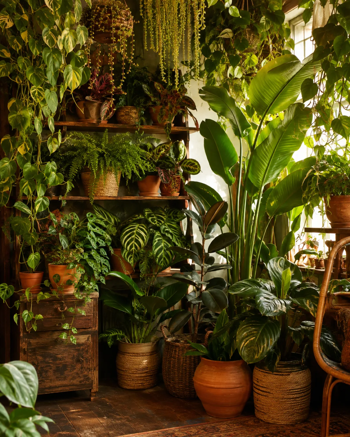 A maximalist indoor jungle corner packed with lush houseplants at every height level trailing pothos and string of pearls hanging from the ceiling a large bird of paradise and rubber plant on the floor ferns and calatheas on a vintage wooden shelf terracotta and woven basket planters mixed foliage overlapping warm golden light