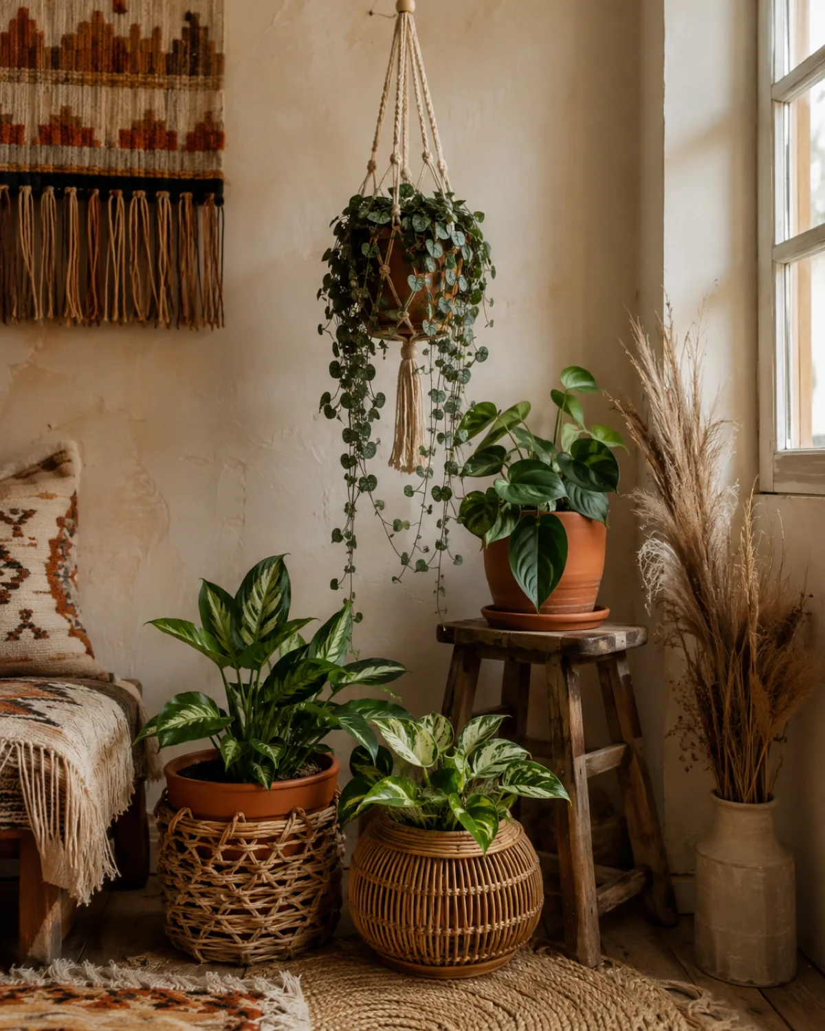 A bohemian styled corner featuring a macrame plant hanger holding a trailing string of hearts next to a window with a cluster of three plants in terracotta and rattan woven baskets on a jute rug dried pampas grass in a vase nearby a vintage wooden stool used as a plant stand warm natural light
