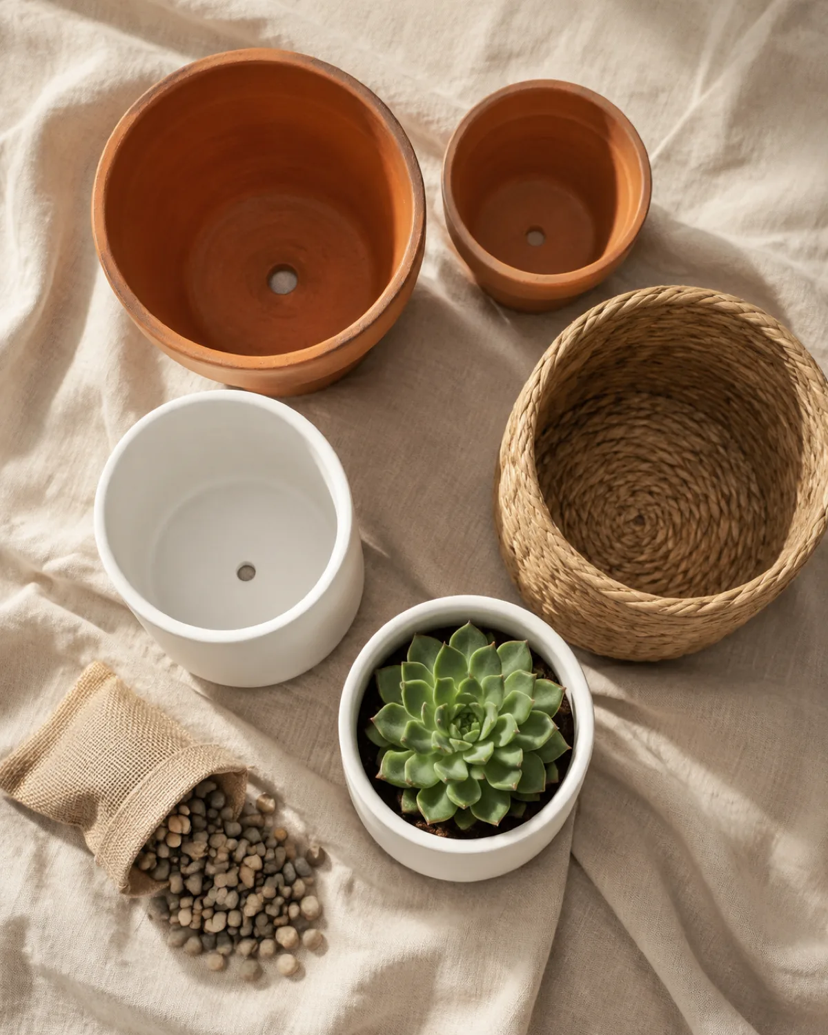 A flat-lay arrangement on a linen surface showing a curated pot collection with two terracotta pots of different sizes two white matte ceramic planters and one woven seagrass basket a small bag of drainage pebbles nearby one pot containing a small succulent warm natural overhead light
