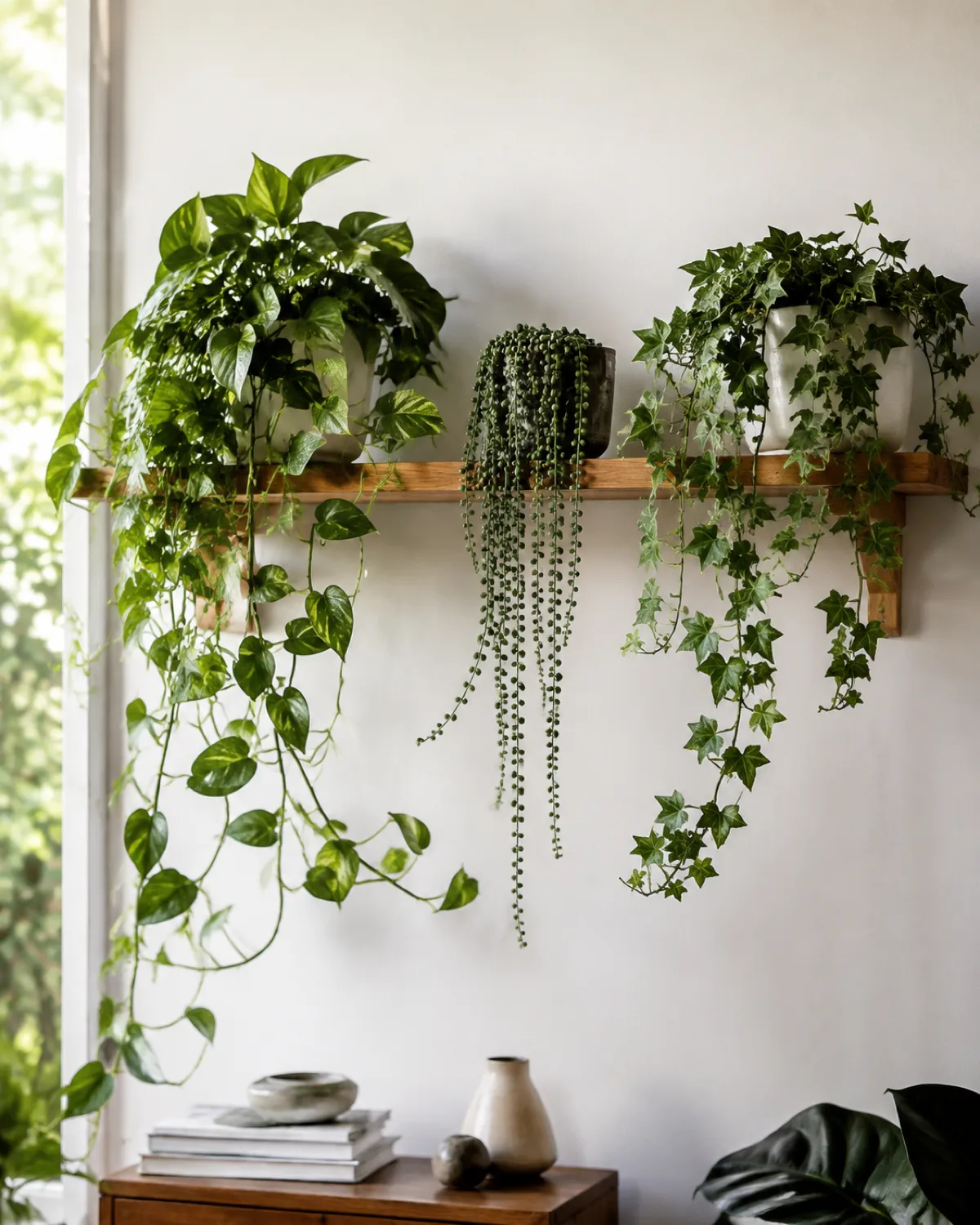 Three trailing houseplants on a floating wooden shelf creating flowing green visual lines golden pothos with long cascading vines on the left string of pearls draping from the center and English ivy trailing to the right natural sidelight photographed at eye level to emphasize the flowing movement