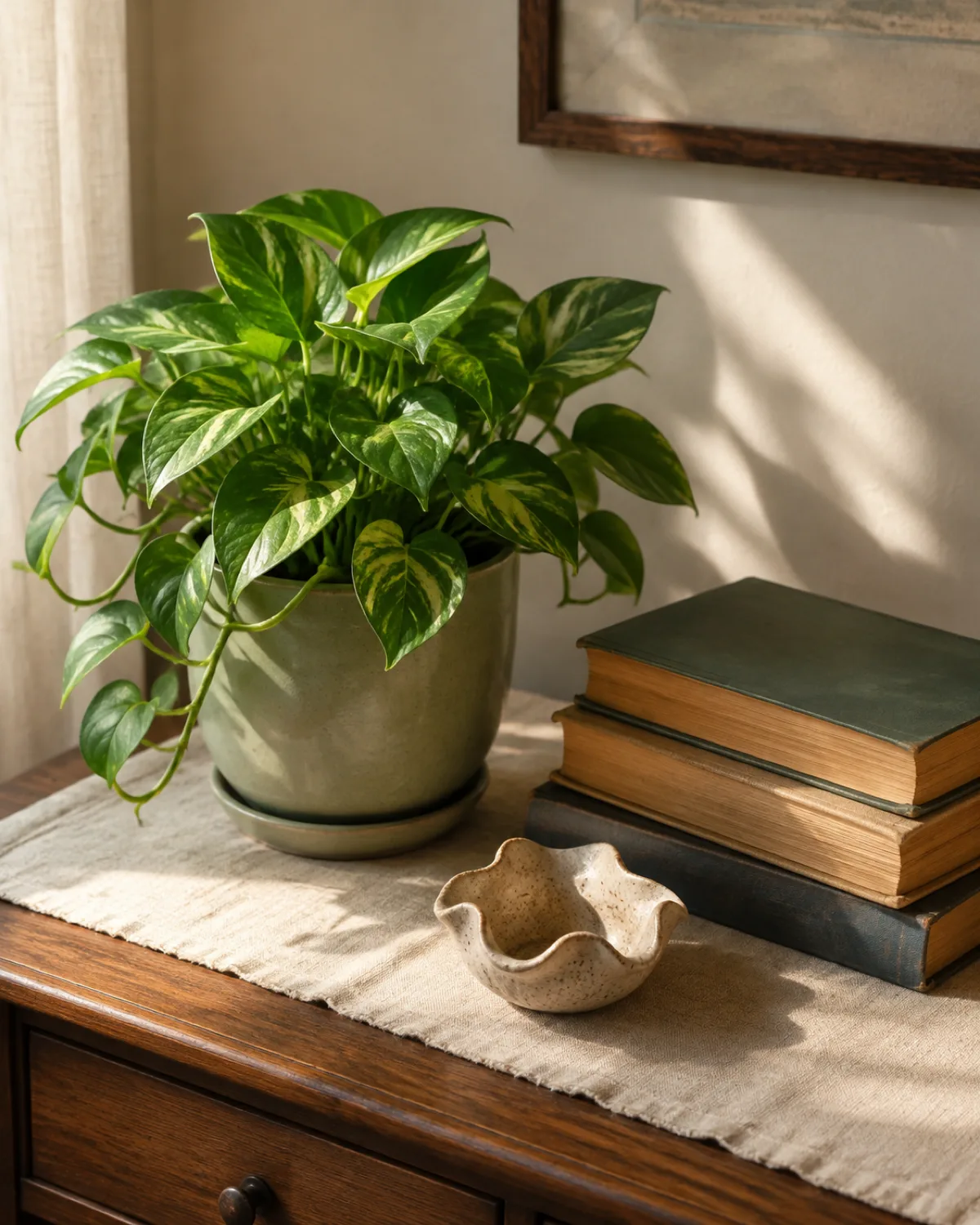 A styled vignette on a wooden side table showing the rule of three a medium pothos in a sage ceramic pot a stack of three vintage hardcover books beside it and a small handmade ceramic dish in cream arranged in an asymmetric triangle warm natural sidelight