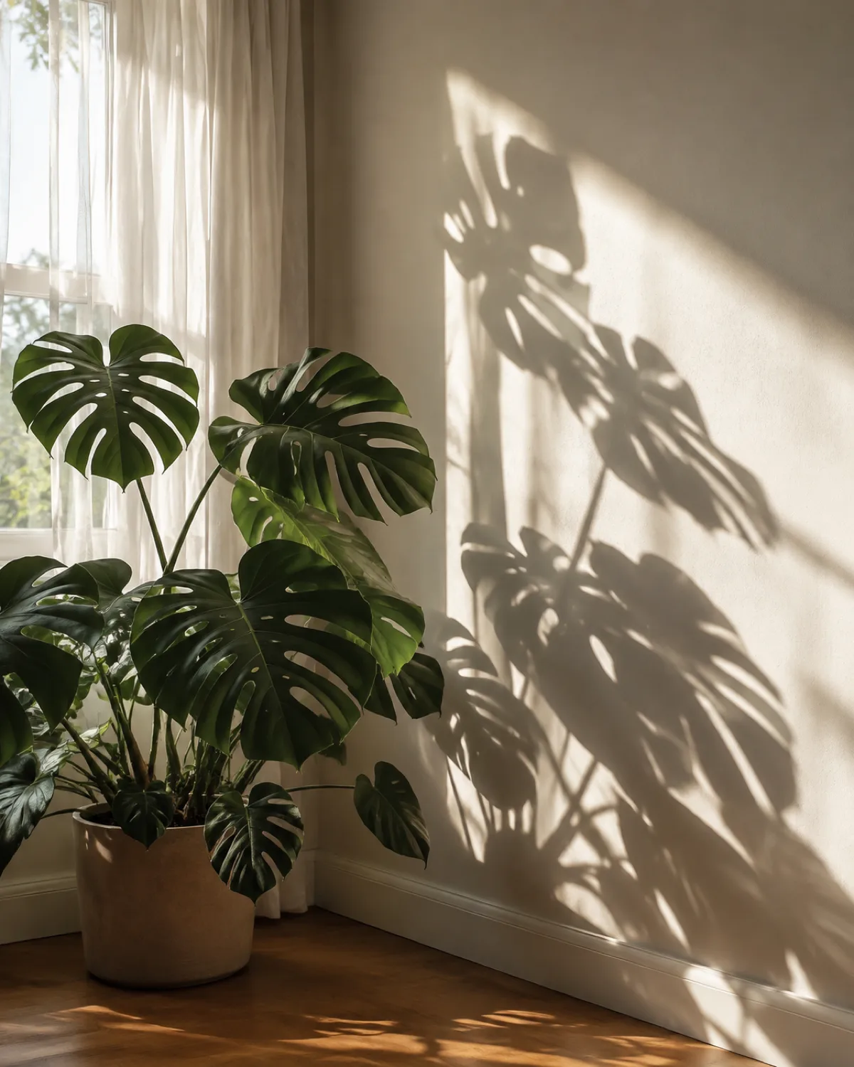 Morning light streaming through sheer white curtains hitting a monstera plant with large split leaves casting dramatic intricate shadows on the adjacent white wall warm golden tones atmospheric editorial interior photography