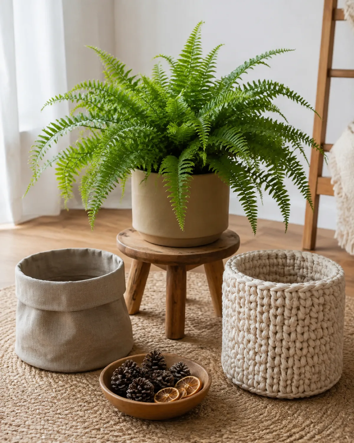 A potted fern on a small wooden stand with two different pot sleeves placed nearby a natural linen wrap for summer and a chunky knit cream cover for winter along with a bowl of pinecones and dried orange slices as seasonal accent props bright natural light