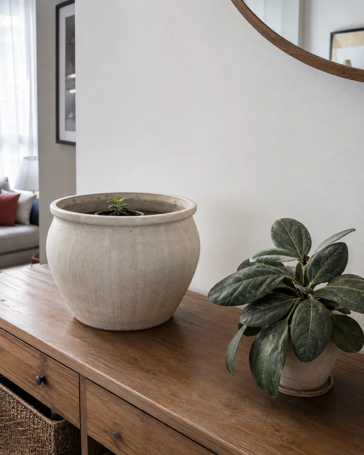 A scene showing plant styling mistakes with a very tiny plant in an oversized decorative pot on a large empty console table proportions clearly off and another nearby plant with visibly dusty broad leaves natural light intentionally showing what not to do