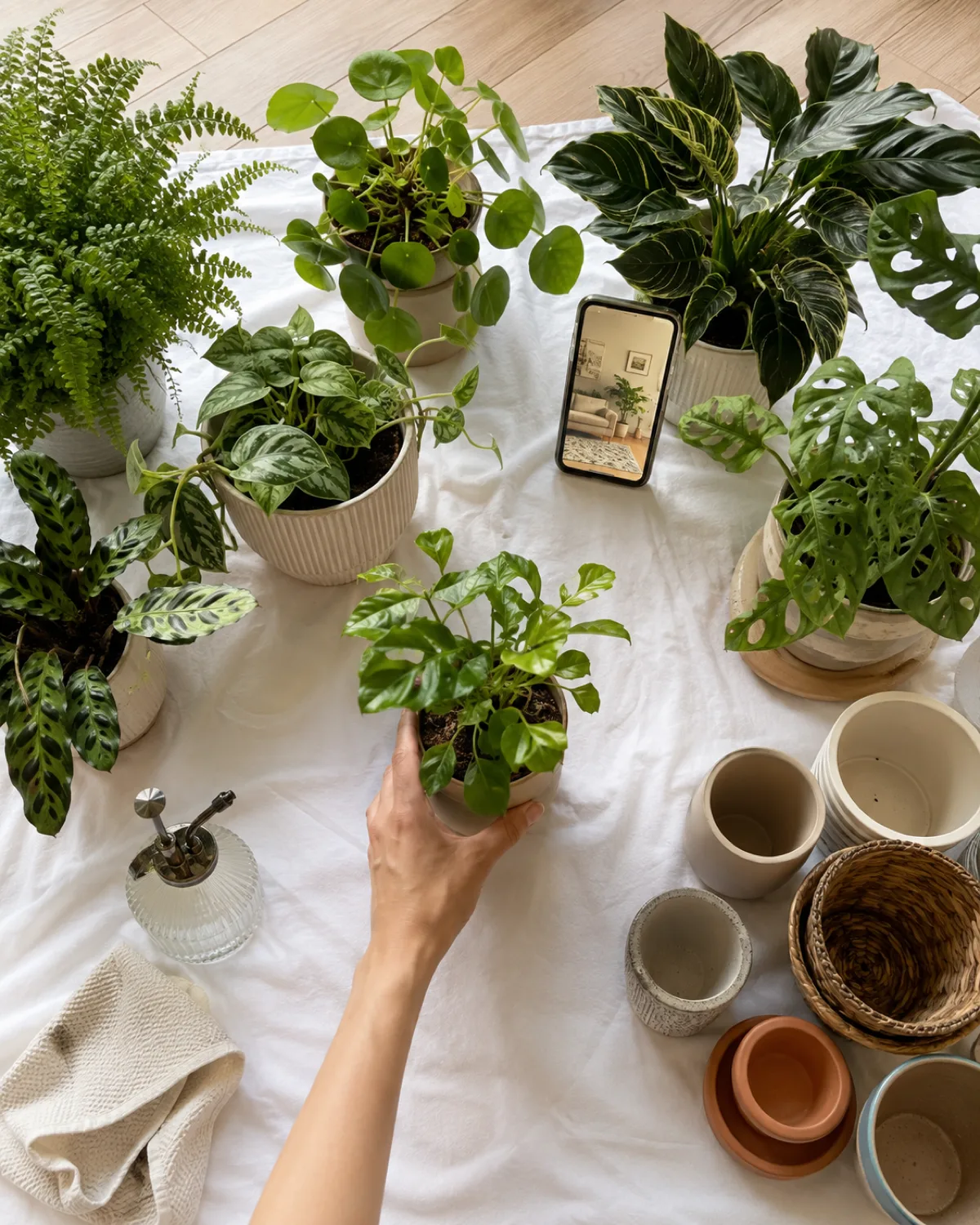 An overhead view of a plant styling project in progress on a living room floor with several houseplants gathered on a clean white sheet a spray bottle and soft cloth for leaf cleaning nearby a phone showing a room photo for reference pots grouped by material on one side bright natural overhead light
