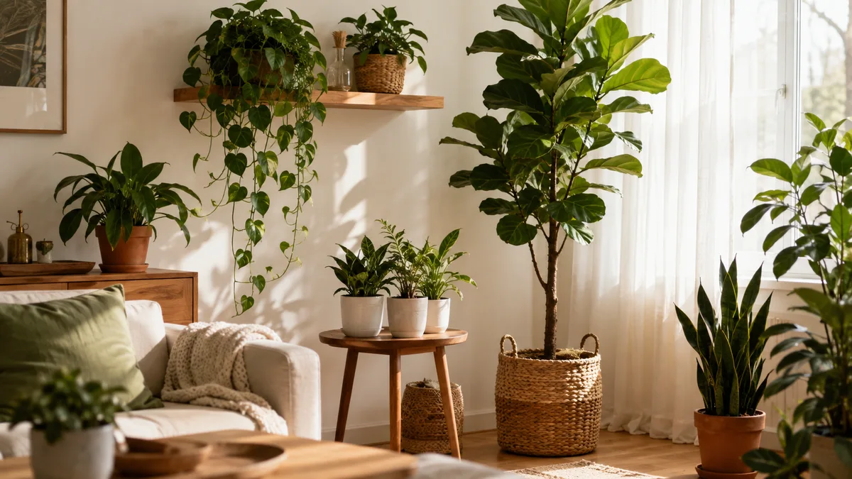 A styled living room with an intentional plant aesthetic showing multiple houseplants at different heights including a tall fiddle-leaf fig near a window trailing pothos on a floating shelf and a cluster of small plants in matching white ceramic pots on a side table with warm morning light casting leaf shadows